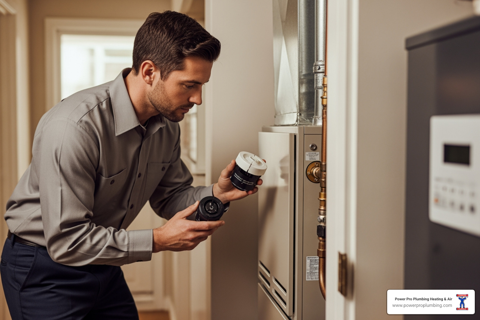 technician checking a furnace with a a carbon monoxide detector - heating furnace repair service technician checking a furnace with a a carbon monoxide detector - heating furnace repair service