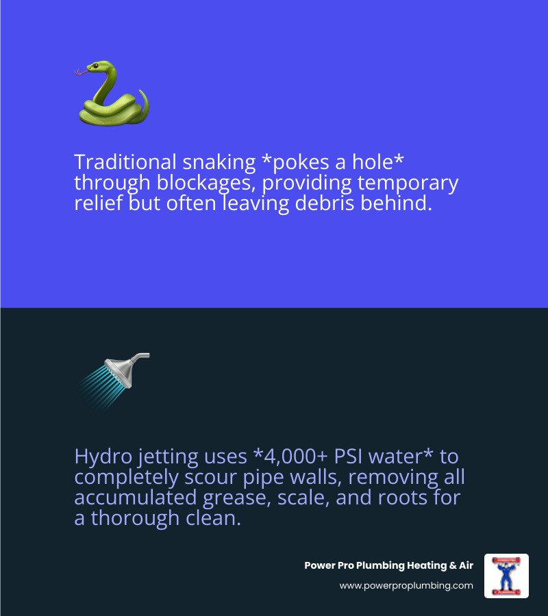 Infographic comparing hydro jetting and traditional drain snaking methods, showing how snaking only creates a path through clogs while hydro jetting completely cleans pipe walls with high-pressure water streams, removing grease, mineral deposits, soap scum, and tree roots for longer-lasting results - hydrojet plumbing cost infographic 2_facts_emoji_blue Infographic comparing hydro jetting and traditional drain snaking methods, showing how snaking only creates a path through clogs while hydro jetting completely cleans pipe walls with high-pressure water streams, removing grease, mineral deposits, soap scum, and tree roots for longer-lasting results - hydrojet plumbing cost infographic 2_facts_emoji_blue