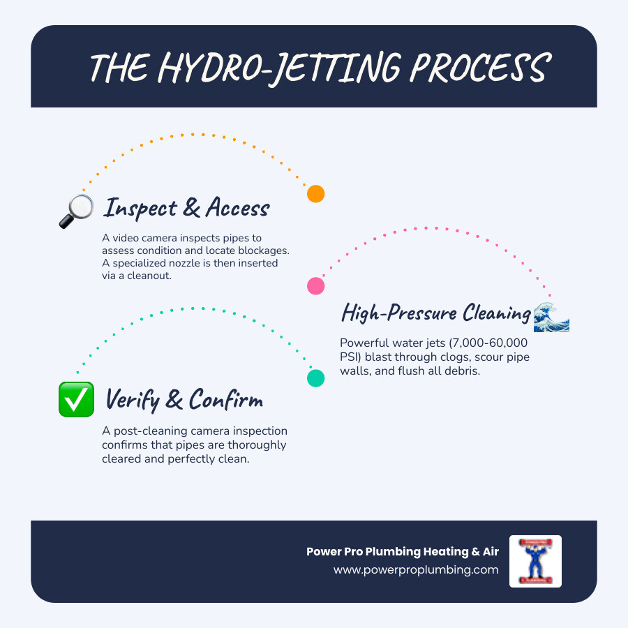 Infographic showing the hydro-jetting process: Step 1 - Video camera inspects pipes to locate blockages and assess condition; Step 2 - Specialized nozzle is inserted through cleanout access point; Step 3 - High-pressure water (7,000-60,000 PSI) blasts through clogs and scours pipe walls clean; Step 4 - Debris is flushed through the system to the main sewer; Step 5 - Post-cleaning camera inspection confirms pipes are thoroughly cleaned - hydro-jetting infographic infographic-line-3-steps-blues-accent_colors