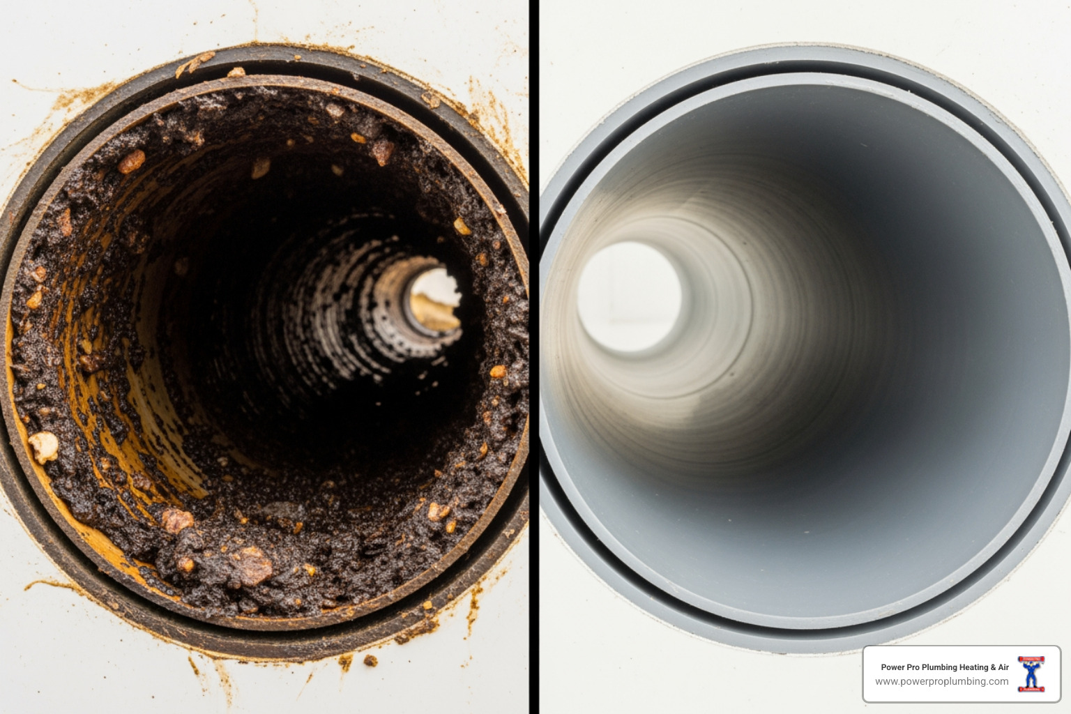 comparing a clogged, greasy pipe interior with a clean, hydro-jetted pipe interior - hydro-jetting