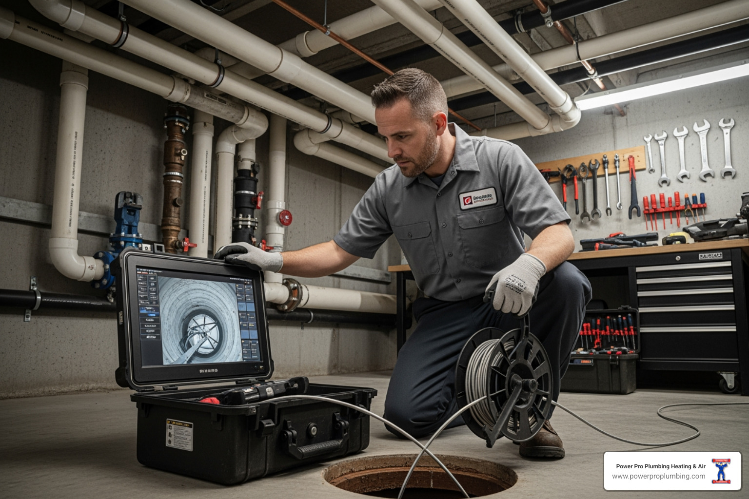 a plumber performing a sewer video camera inspection - hydro-jetting