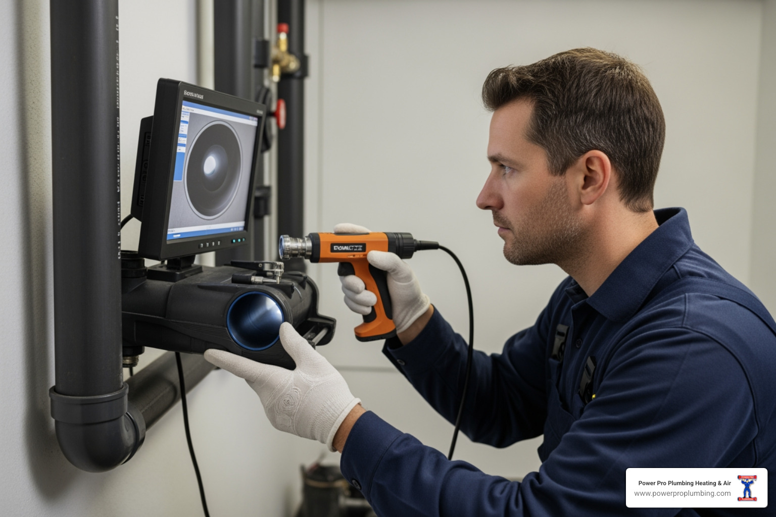 A plumber using a video camera inspection tool to examine the inside of a pipe - Drain Cleaning in Long Beach, CA