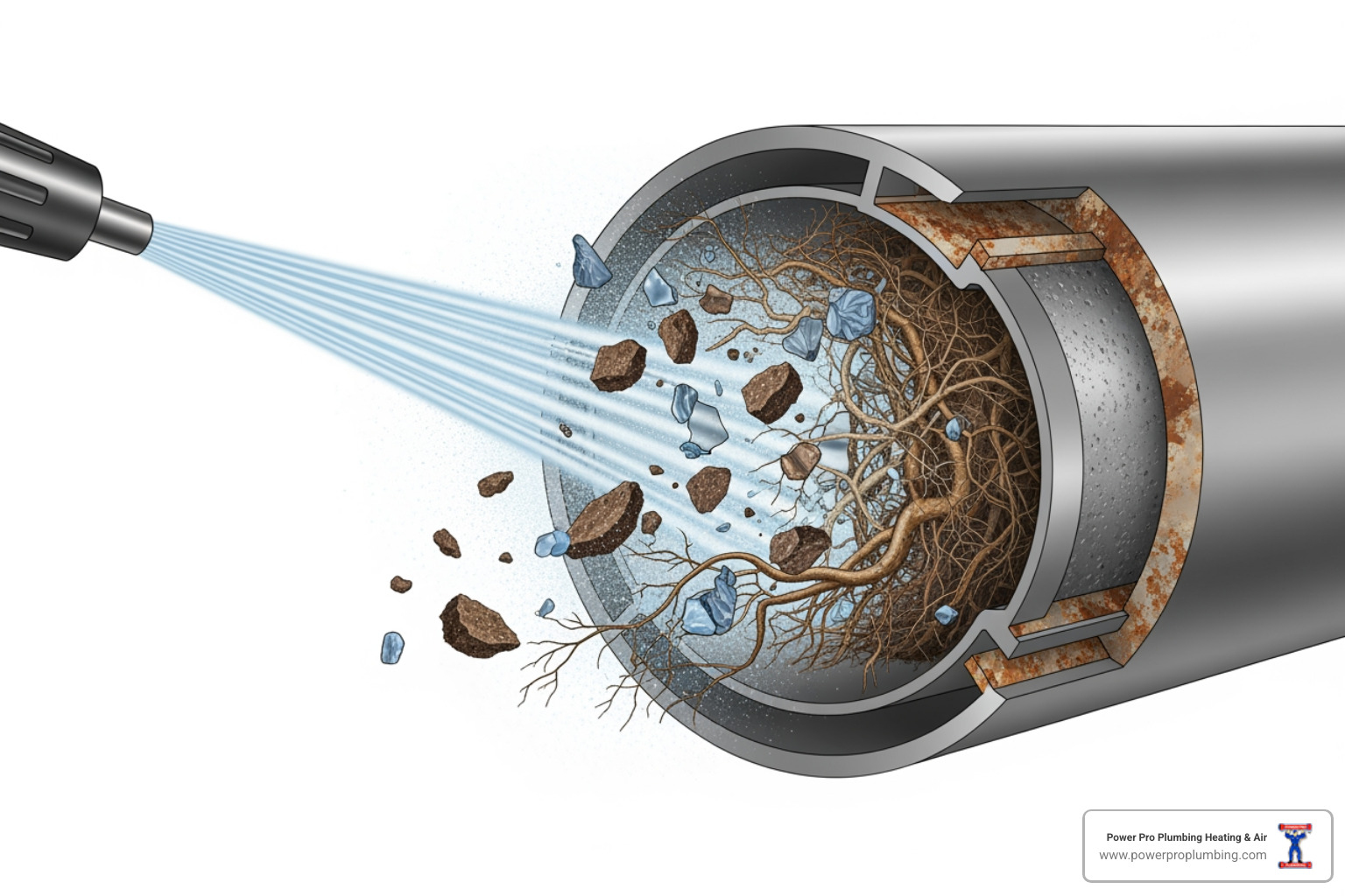An illustration of hydro jetting in action, with a high-pressure stream of water clearing stubborn blockages and debris from the inside of a pipe - Drain Cleaning in Long Beach, CA