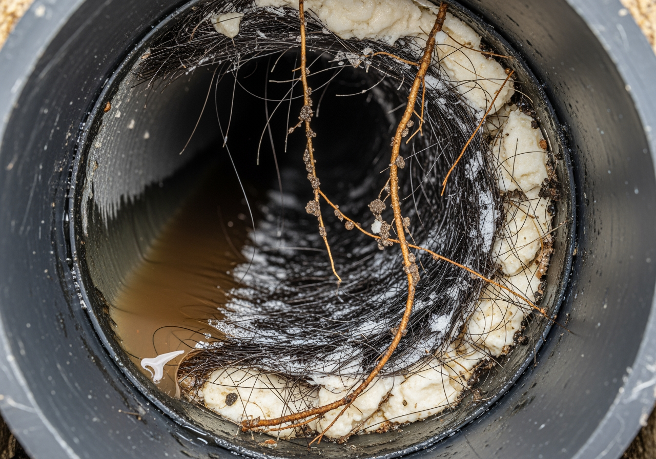 Illustration of common clog materials like hair, grease, and tree roots inside a pipe - Drain Cleaning in Gardena, CA Illustration of common clog materials like hair, grease, and tree roots inside a pipe - Drain Cleaning in Gardena, CA