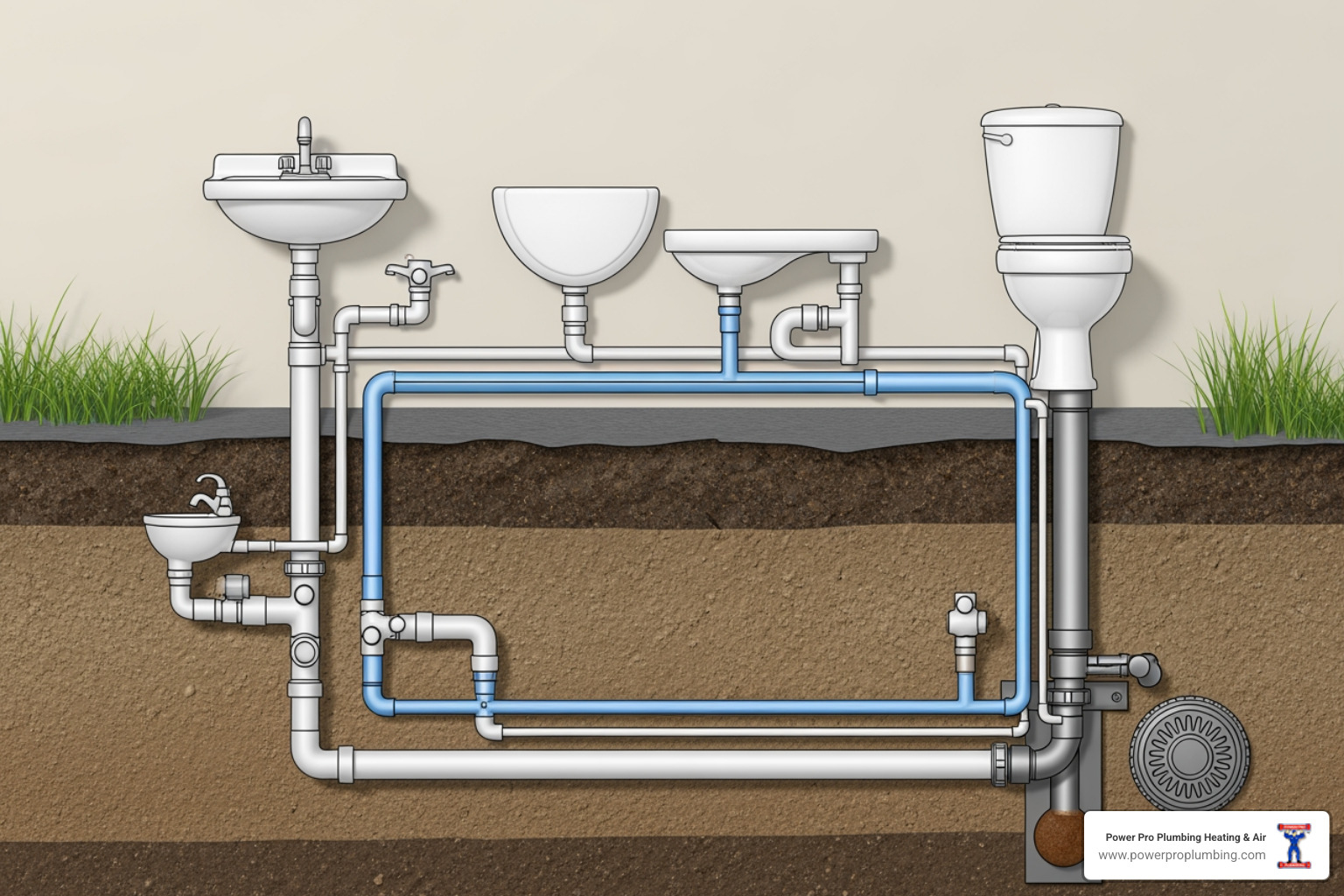 infographic showing the complete path of wastewater from home fixtures through P-traps and drain lines to the main sewer, with labels for key components like cleanouts, service lines, and connection points to municipal systems - flush drain and sewer