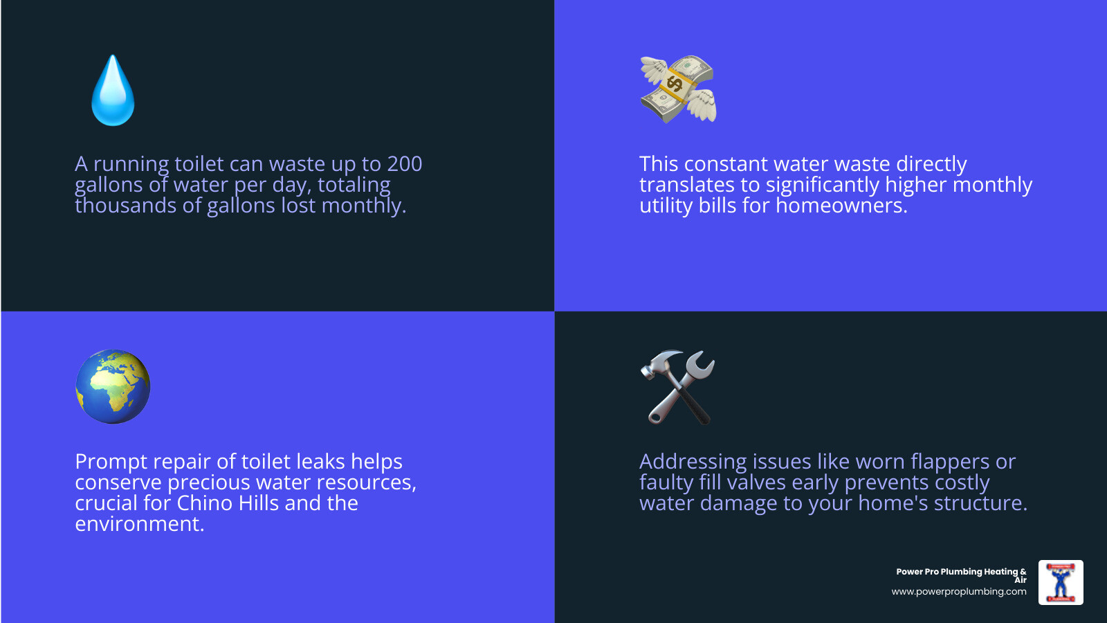infographic showing gallons of water wasted per day from a running toilet, with monthly cost estimates and environmental impact - toilet repair Chino Hills infographic 4_facts_emoji_blue
