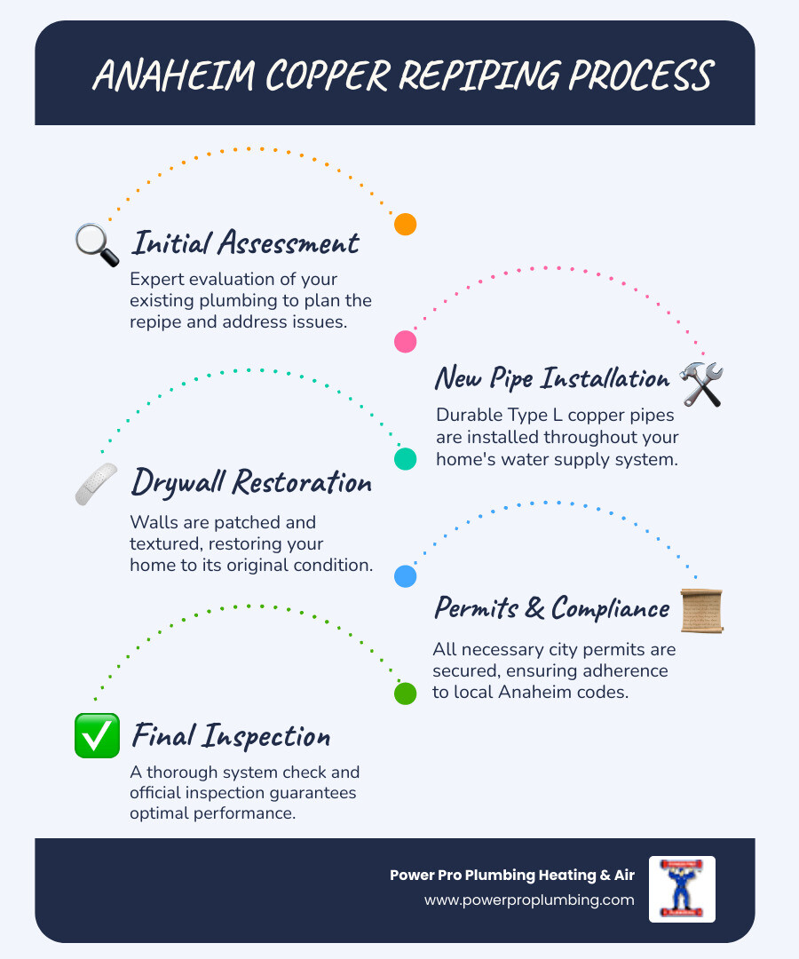 Infographic showing the complete copper repiping process from initial assessment through final inspection, including timeline of 1-3 days, signs of failing pipes like rusty water and low pressure, benefits of Type L copper pipes with 50-70 year lifespan, and key steps including home assessment, pipe installation, drywall patching, city permits, and final inspection - copper repiping in anaheim ca infographic infographic-line-5-steps-blues-accent_colors Infographic showing the complete copper repiping process from initial assessment through final inspection, including timeline of 1-3 days, signs of failing pipes like rusty water and low pressure, benefits of Type L copper pipes with 50-70 year lifespan, and key steps including home assessment, pipe installation, drywall patching, city permits, and final inspection - copper repiping in anaheim ca infographic infographic-line-5-steps-blues-accent_colors