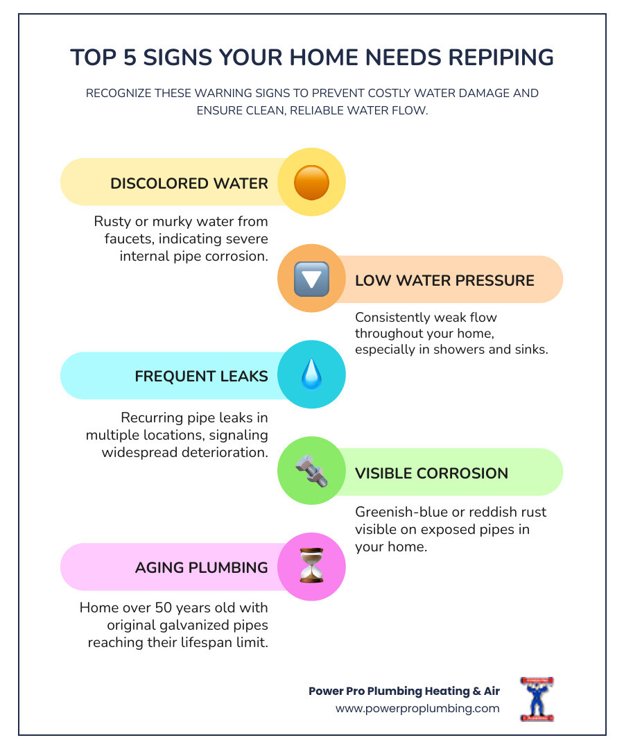 Infographic showing the top 5 signs you need to repipe your home: rusty or discolored water coming from faucets, consistently low water pressure throughout the house, frequent pipe leaks in multiple locations, visible corrosion on exposed pipes, and home age over 50 years with original galvanized plumbing - copper repiping in buena park ca infographic infographic-line-5-steps-colors