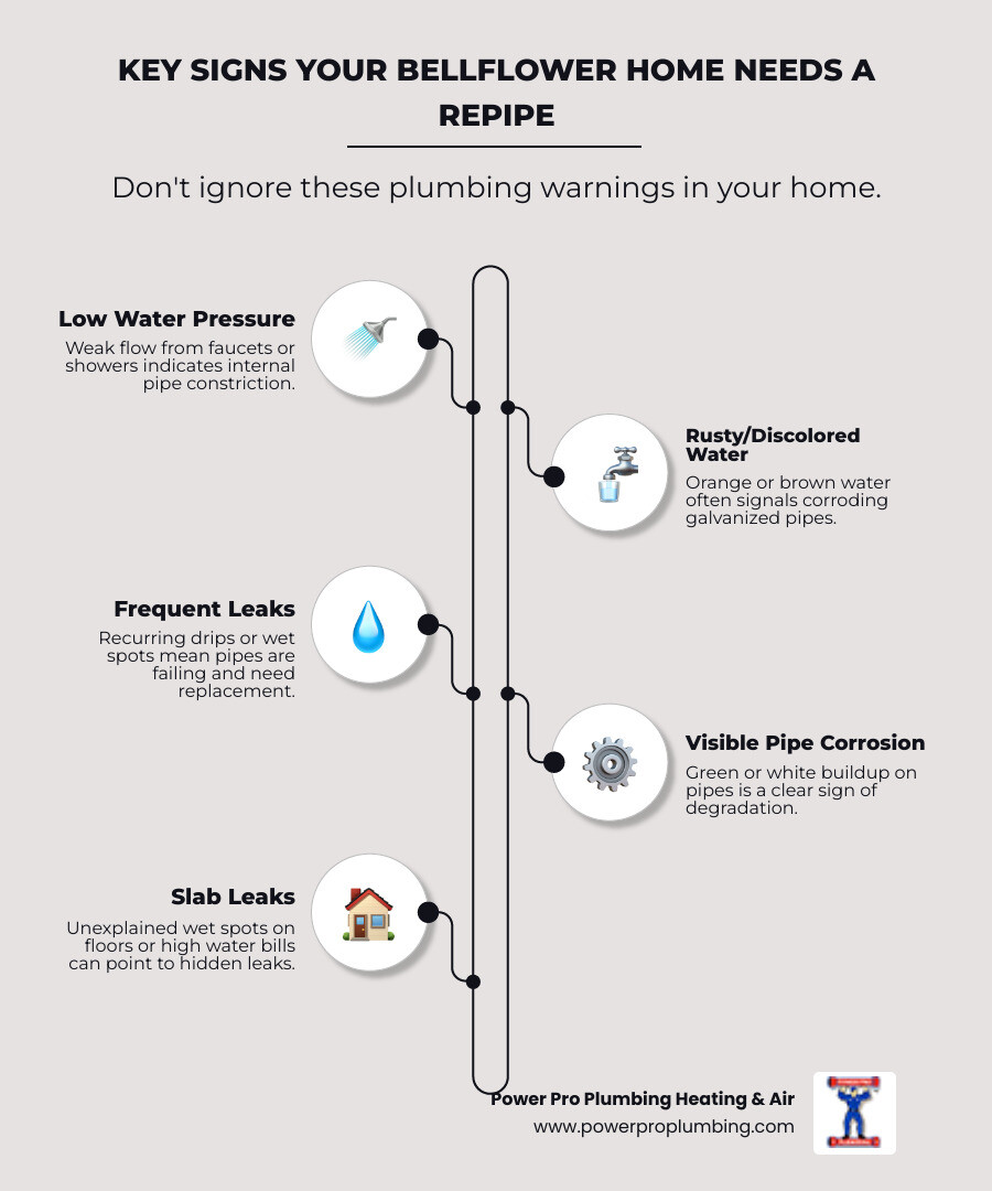 Infographic showing 7 key signs your Bellflower home needs copper repiping: low water pressure, rusty or discolored water, metallic taste or odor, frequent leaks, visible pipe corrosion, noisy plumbing, and slab leaks - copper repiping in bellflower ca infographic infographic-line-5-steps-elegant_beige Infographic showing 7 key signs your Bellflower home needs copper repiping: low water pressure, rusty or discolored water, metallic taste or odor, frequent leaks, visible pipe corrosion, noisy plumbing, and slab leaks - copper repiping in bellflower ca infographic infographic-line-5-steps-elegant_beige