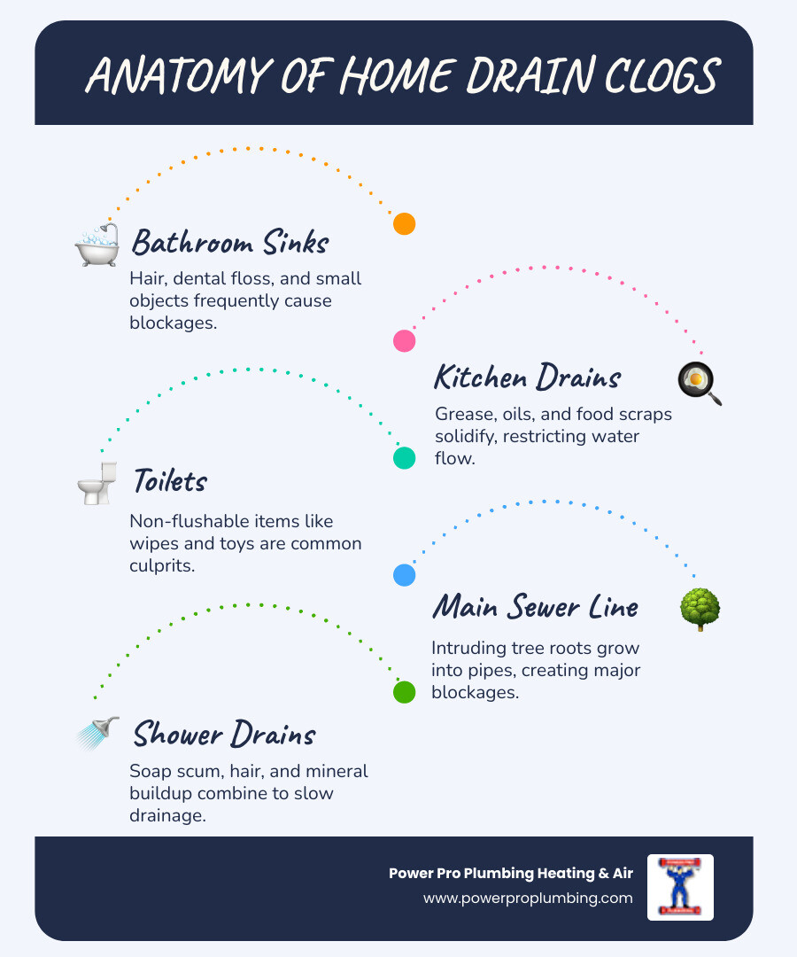 Infographic showing the anatomy of home drain clogs, including common problem areas like bathroom sinks with hair buildup, kitchen drains with grease accumulation, toilet clogs from foreign objects, main sewer line issues from tree roots, and shower drains blocked by soap scum, with percentage breakdowns of each clog type - best drain cleaning in anaheim, ca infographic infographic-line-5-steps-blues-accent_colors Infographic showing the anatomy of home drain clogs, including common problem areas like bathroom sinks with hair buildup, kitchen drains with grease accumulation, toilet clogs from foreign objects, main sewer line issues from tree roots, and shower drains blocked by soap scum, with percentage breakdowns of each clog type - best drain cleaning in anaheim, ca infographic infographic-line-5-steps-blues-accent_colors