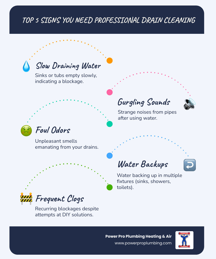 Infographic showing the top 5 signs you need professional drain cleaning: slow draining water in sinks or tubs, gurgling sounds from pipes, foul odors coming from drains, water backing up in multiple fixtures, and frequent recurring clogs despite DIY attempts - drain cleaning near me in anaheim, ca infographic infographic-line-5-steps-blues-accent_colors Infographic showing the top 5 signs you need professional drain cleaning: slow draining water in sinks or tubs, gurgling sounds from pipes, foul odors coming from drains, water backing up in multiple fixtures, and frequent recurring clogs despite DIY attempts - drain cleaning near me in anaheim, ca infographic infographic-line-5-steps-blues-accent_colors