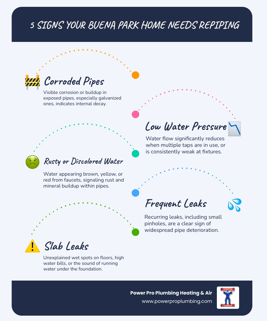 Infographic showing five warning signs your Buena Park home needs copper repiping: rust-colored water flowing from faucet, pressure gauge showing low reading, multiple pipe leak icons, cracked foundation with water damage, and corroded galvanized pipe cross-section with buildup - affordable copper repiping in buena park, ca infographic infographic-line-5-steps-blues-accent_colors Infographic showing five warning signs your Buena Park home needs copper repiping: rust-colored water flowing from faucet, pressure gauge showing low reading, multiple pipe leak icons, cracked foundation with water damage, and corroded galvanized pipe cross-section with buildup - affordable copper repiping in buena park, ca infographic infographic-line-5-steps-blues-accent_colors