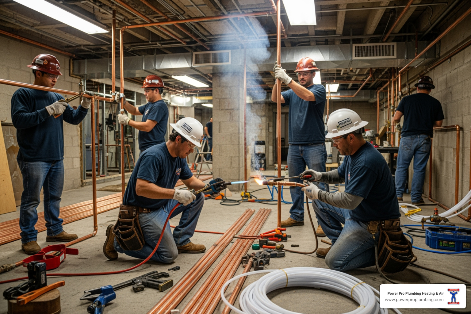 infographic showing five warning signs a commercial property needs copper repiping: rust-colored water flowing from tap, pressure gauge showing low PSI, corroded galvanized pipe cross-section with restricted flow, water stains on ceiling from hidden leak, and calendar showing building age over 25 years - commercial copper repiping in bellflower, ca