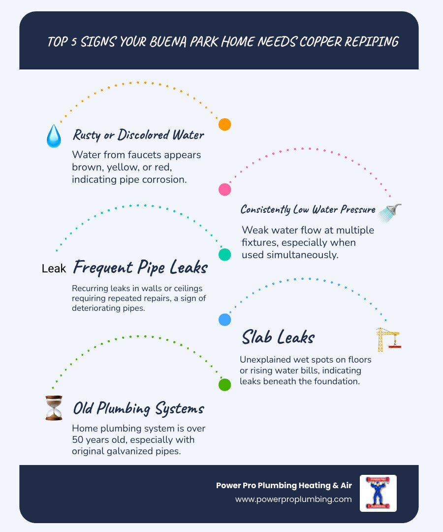 Infographic showing the top 5 signs your Buena Park home needs copper repiping: 1) Rusty or discolored water from faucets, 2) Consistently low water pressure at multiple fixtures, 3) Frequent pipe leaks requiring repeated repairs, 4) Slab leaks beneath your foundation, 5) Plumbing system over 50 years old with original galvanized pipes - best copper repiping in buena park, ca infographic infographic-line-5-steps-blues-accent_colors Infographic showing the top 5 signs your Buena Park home needs copper repiping: 1) Rusty or discolored water from faucets, 2) Consistently low water pressure at multiple fixtures, 3) Frequent pipe leaks requiring repeated repairs, 4) Slab leaks beneath your foundation, 5) Plumbing system over 50 years old with original galvanized pipes - best copper repiping in buena park, ca infographic infographic-line-5-steps-blues-accent_colors