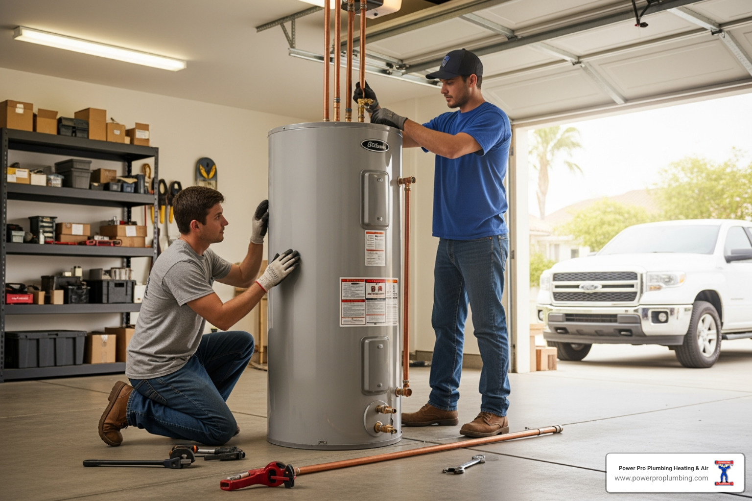 Infographic showing the water heater installation journey: old unit showing warning signs like rust and leaks, permit application process, selection of new efficient model, professional installation steps, and final testing with happy homeowner enjoying hot water - residential water heater installation in anaheim, ca