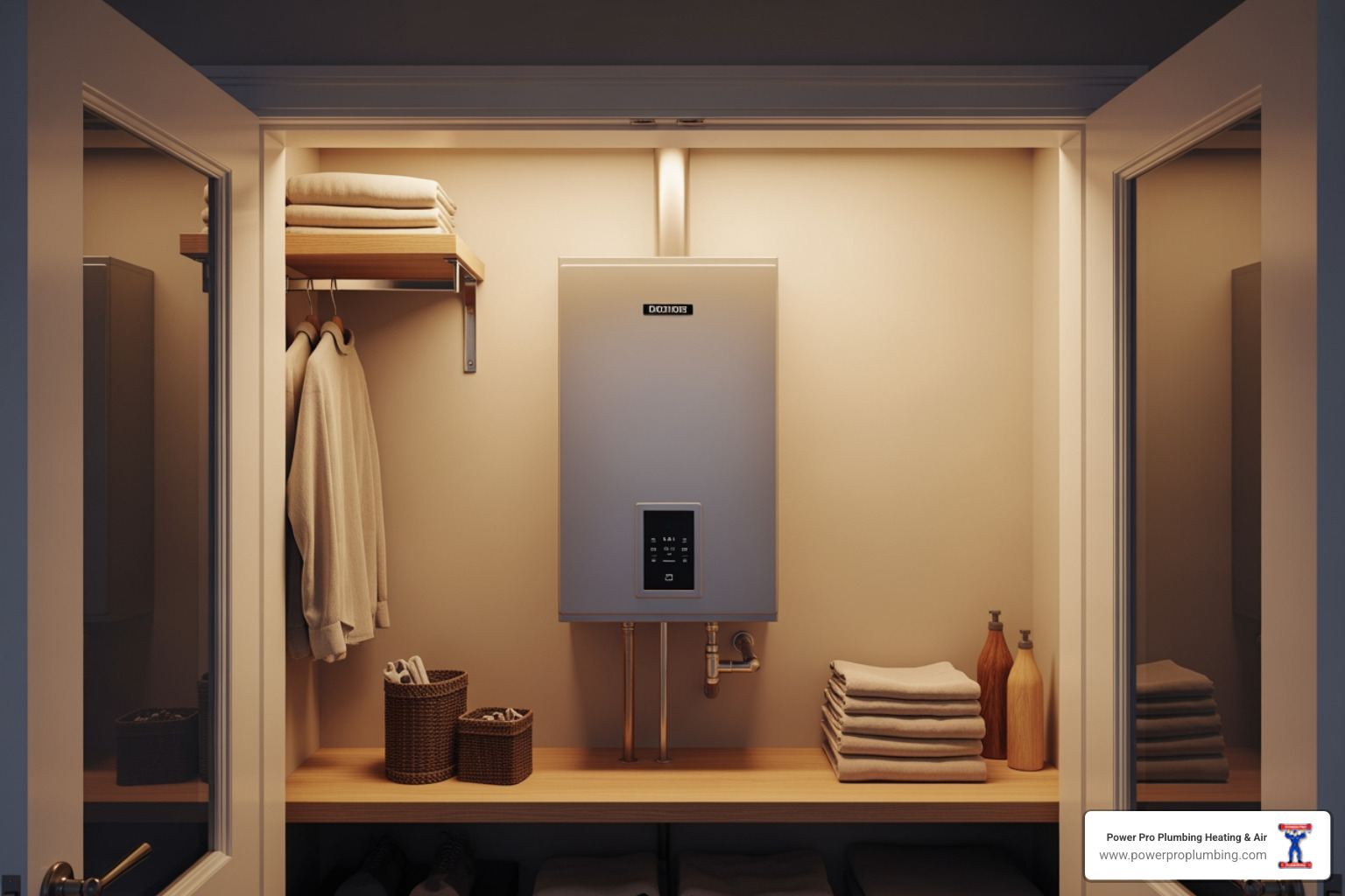 modern residential water heater in a clean utility closet, neutral unbranded look, warm lighting, space for headline text - water heater replacement in gardena ca