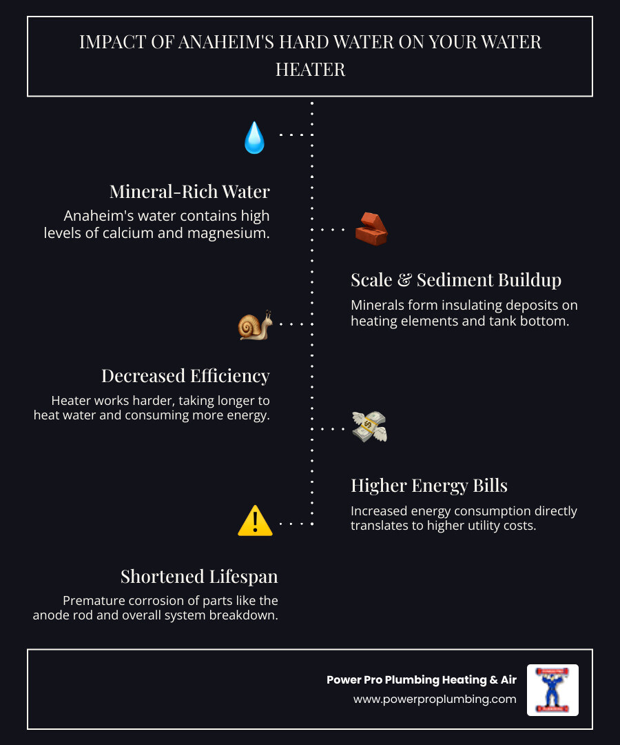 Infographic showing the effects of hard water on a water heater, including scale buildup on heating elements, sediment accumulation at the tank bottom, and anode rod corrosion, with arrows indicating reduced efficiency and increased energy bills - best water heater maintenance in anaheim, ca infographic infographic-line-5-steps-dark
