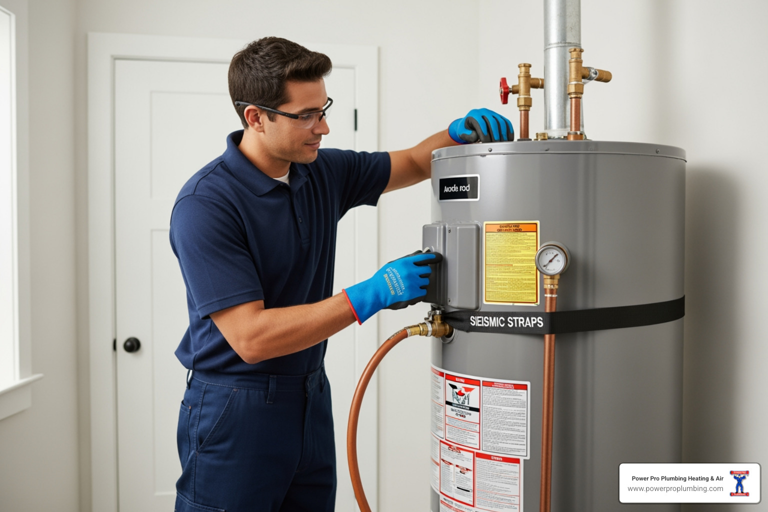 infographic showing annual water heater maintenance checklist including tank flushing to remove sediment buildup, anode rod inspection and replacement every 3-5 years, temperature and pressure relief valve testing, thermostat adjustment to 120 degrees Fahrenheit, leak detection around base and connections, and verification of seismic straps for earthquake safety compliance - water heater maintenance in cerritos ca infographic showing annual water heater maintenance checklist including tank flushing to remove sediment buildup, anode rod inspection and replacement every 3-5 years, temperature and pressure relief valve testing, thermostat adjustment to 120 degrees Fahrenheit, leak detection around base and connections, and verification of seismic straps for earthquake safety compliance - water heater maintenance in cerritos ca