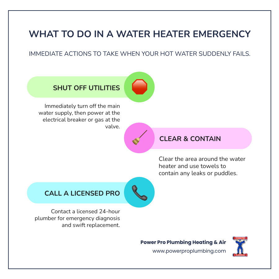 infographic showing emergency water heater failure steps: 1. Shut off water supply at main valve, 2. Turn off power at breaker or gas at valve, 3. Clear area around water heater, 4. Call licensed 24-hour plumber, 5. Contain water damage with towels if leaking - 24 hour water heater installation in anaheim, ca infographic infographic-line-3-steps-colors