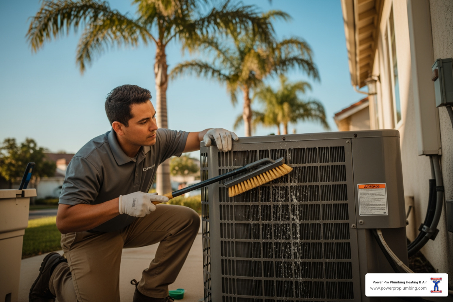 Technician cleaning an AC condenser unit outside a home in Artesia - ac tune-up deals in artesia, ca Technician cleaning an AC condenser unit outside a home in Artesia - ac tune-up deals in artesia, ca
