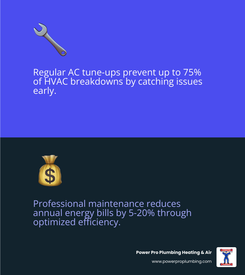 Infographic showing how regular AC tune-ups prevent 75% of HVAC breakdowns and save 5-20% on energy bills annually - ac