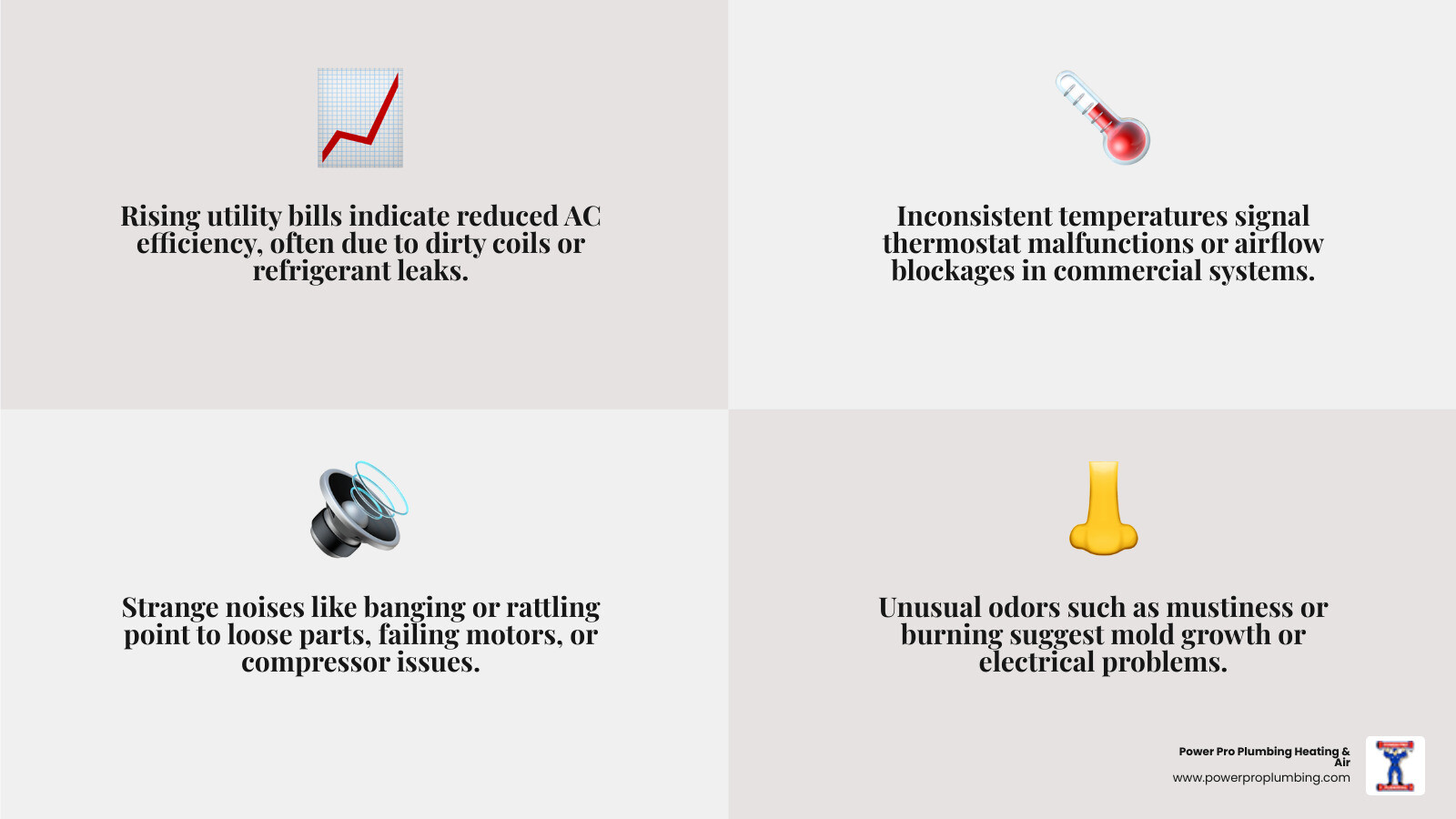 infographic showing commercial AC repair warning signs including rising energy bills, inconsistent temperatures, strange noises, unusual odors, frequent cycling, and visible refrigerant leaks, with recommended inspection frequency and maintenance tasks - commercial ac repair in buena park, ca infographic 4_facts_emoji_grey infographic showing commercial AC repair warning signs including rising energy bills, inconsistent temperatures, strange noises, unusual odors, frequent cycling, and visible refrigerant leaks, with recommended inspection frequency and maintenance tasks - commercial ac repair in buena park, ca infographic 4_facts_emoji_grey