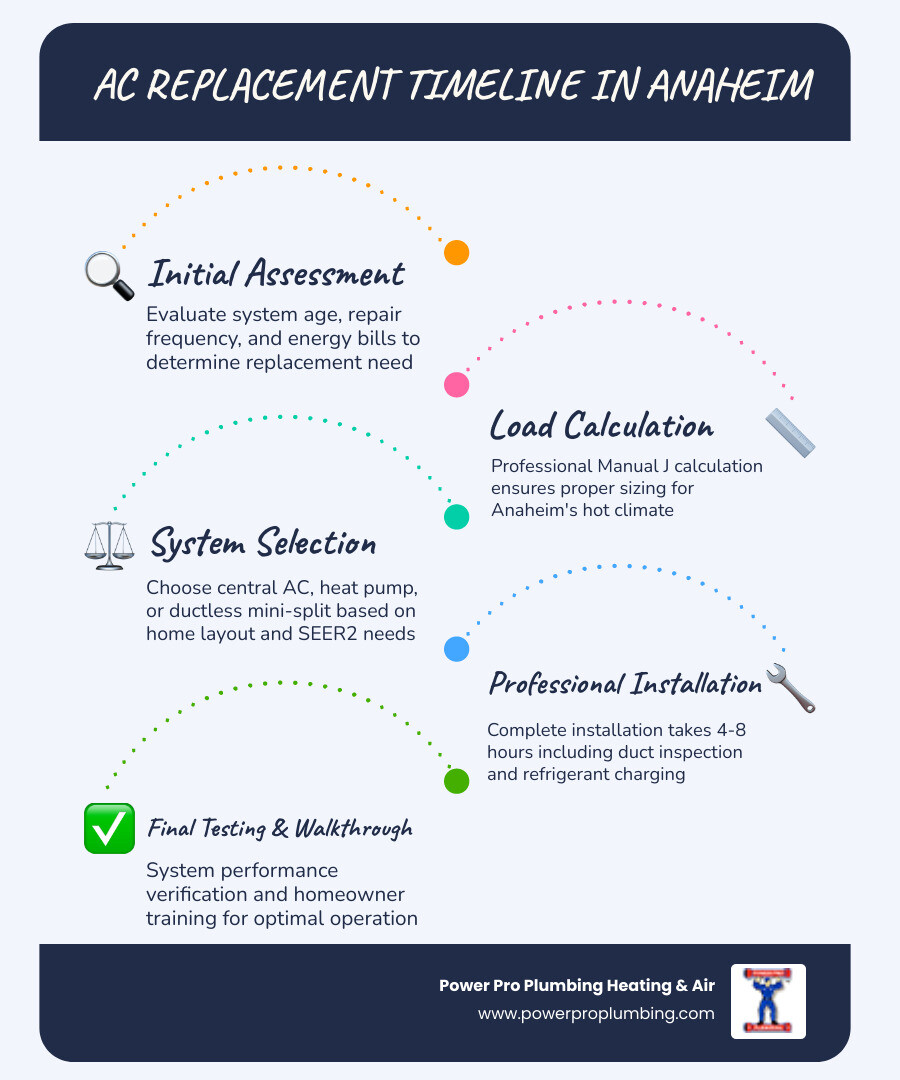 infographic showing AC replacement timeline from initial assessment through load calculation, system selection, professional installation in 4-8 hours, final testing, and homeowner walkthrough, with key decision points for choosing between central AC, heat pumps, and ductless mini-splits based on Anaheim climate conditions - best ac replacement in anaheim, ca infographic infographic-line-5-steps-blues-accent_colors