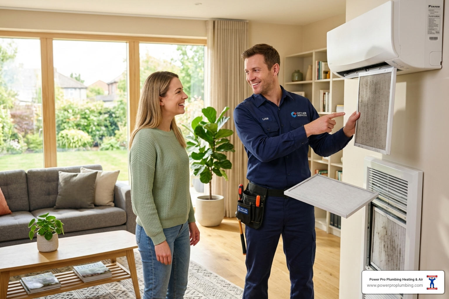 Friendly technician explaining HVAC maintenance to a homeowner in a bright living room - advantages of a locally owned