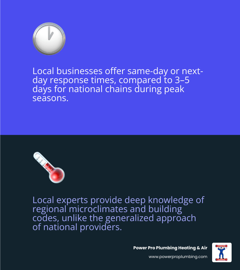 Infographic showing 7 key advantages of choosing a locally owned plumbing and HVAC company over national chains - advantages