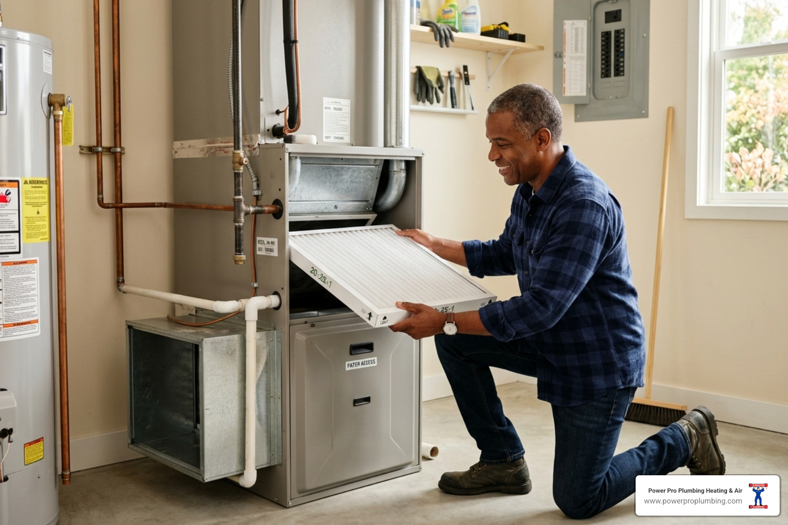 homeowner in a Los Angeles home changing a clean white HVAC air filter - spring hvac transition from heating to cooling