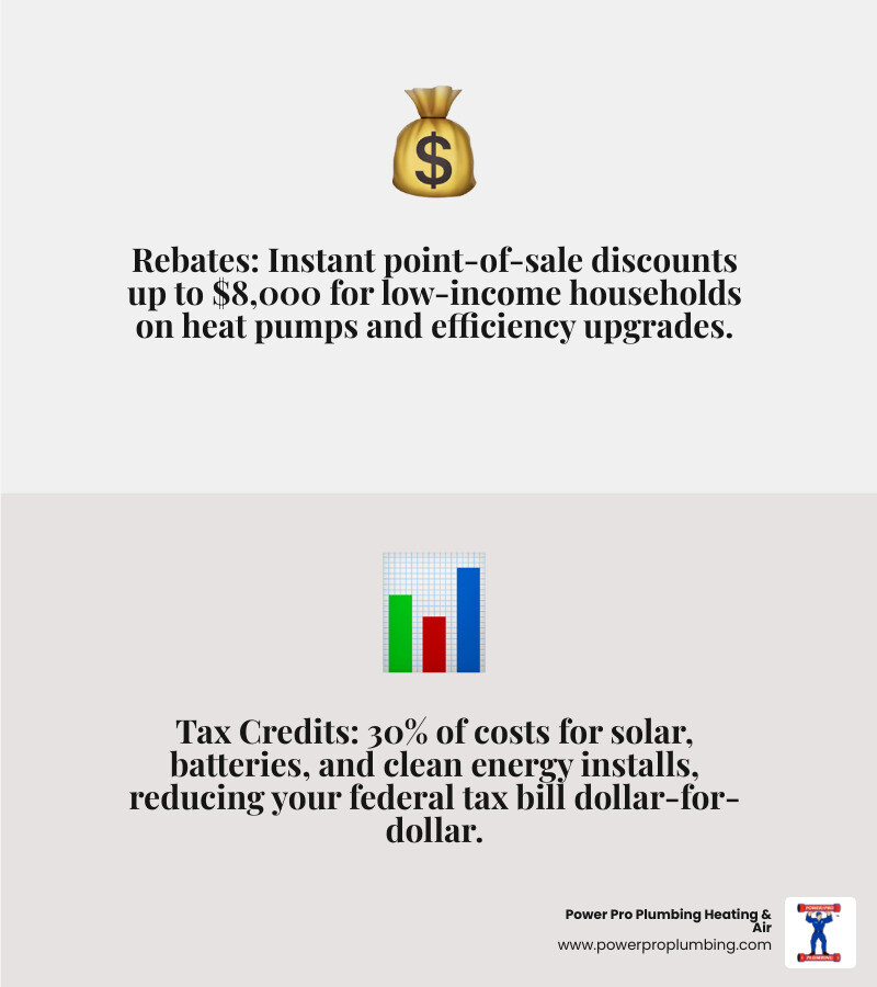 Infographic showing IRA rebate vs tax credit differences for California homeowners in 2026 - inflation reduction act Infographic showing IRA rebate vs tax credit differences for California homeowners in 2026 - inflation reduction act