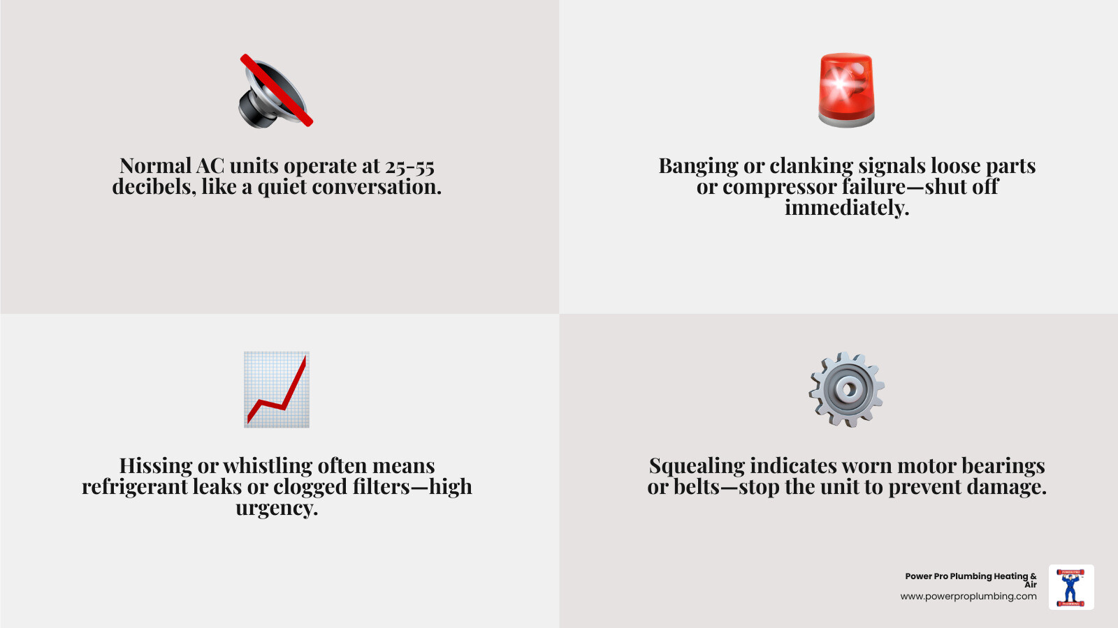 infographic showing common AC noise types, decibel levels, likely causes, and urgency levels - ac making strange noises what infographic showing common AC noise types, decibel levels, likely causes, and urgency levels - ac making strange noises what