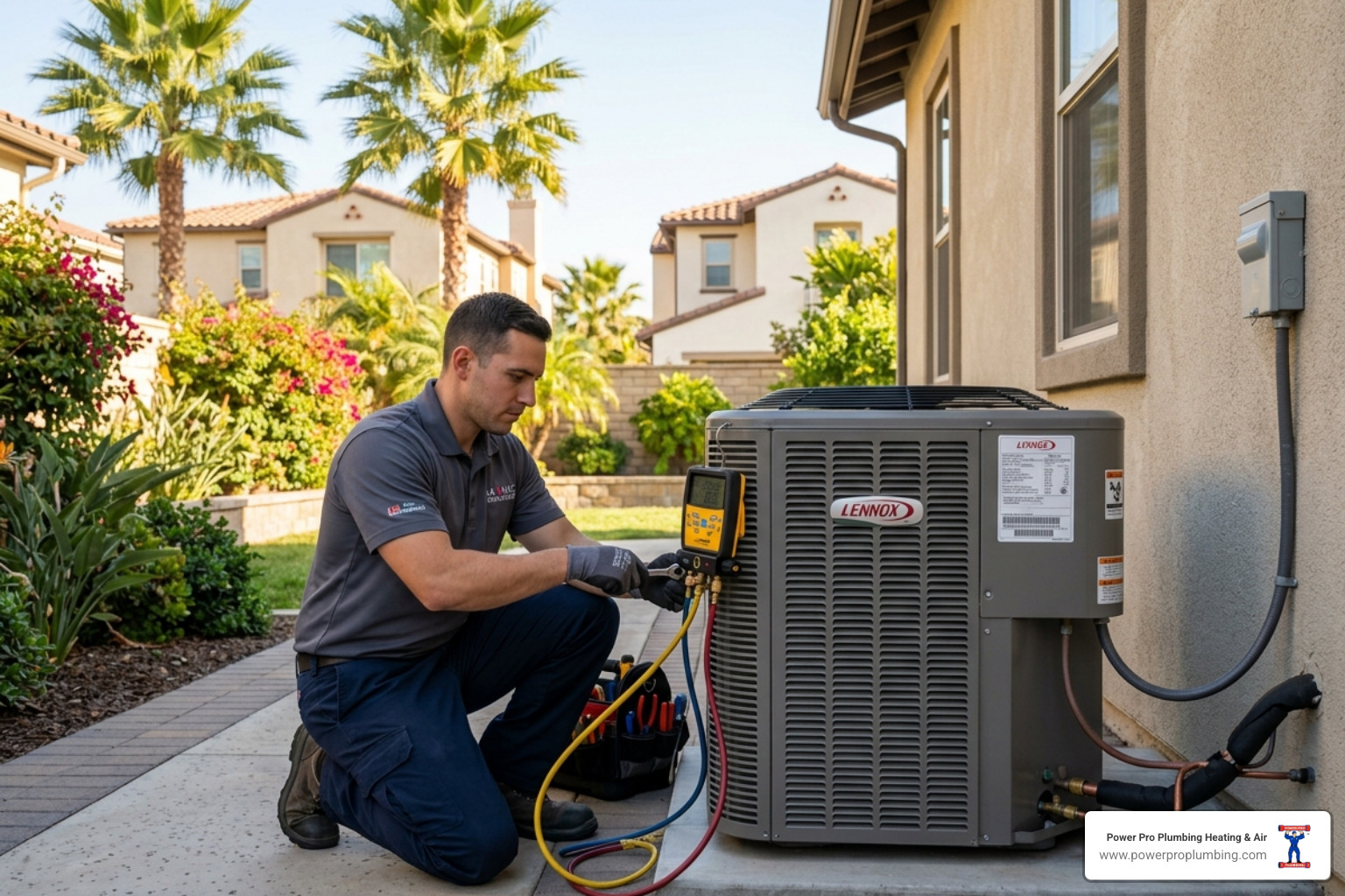 HVAC technician in Los Angeles inspecting an outdoor condenser unit for a central air conditioning system - mini split vs HVAC technician in Los Angeles inspecting an outdoor condenser unit for a central air conditioning system - mini split vs