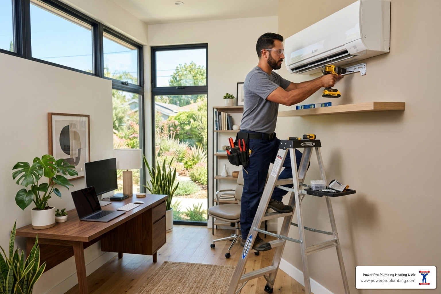 Technician installing a wall-mounted mini split air handler in a modern Southern California home office - central air vs Technician installing a wall-mounted mini split air handler in a modern Southern California home office - central air vs