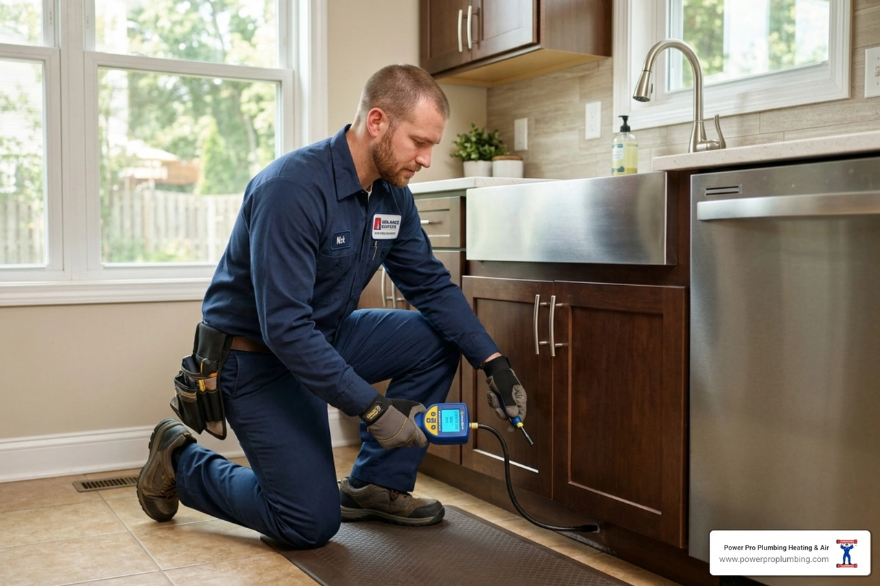 Professional technician using leak detection tool on a kitchen floor - plumbing problems homeowners should never ignore Professional technician using leak detection tool on a kitchen floor - plumbing problems homeowners should never ignore