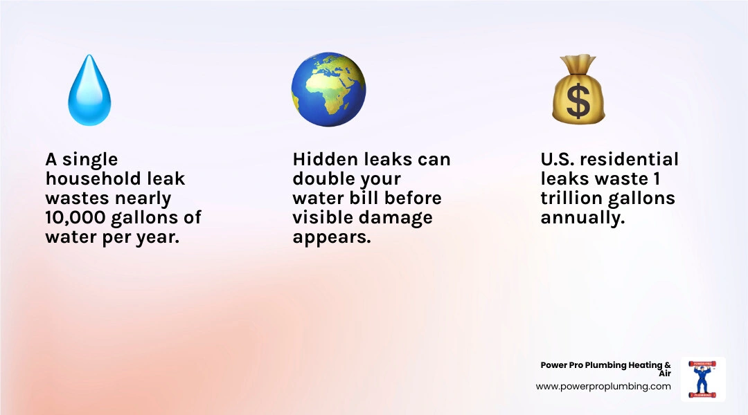 Infographic showing the financial and environmental impact of hidden residential plumbing leaks - signs you have a hidden Infographic showing the financial and environmental impact of hidden residential plumbing leaks - signs you have a hidden