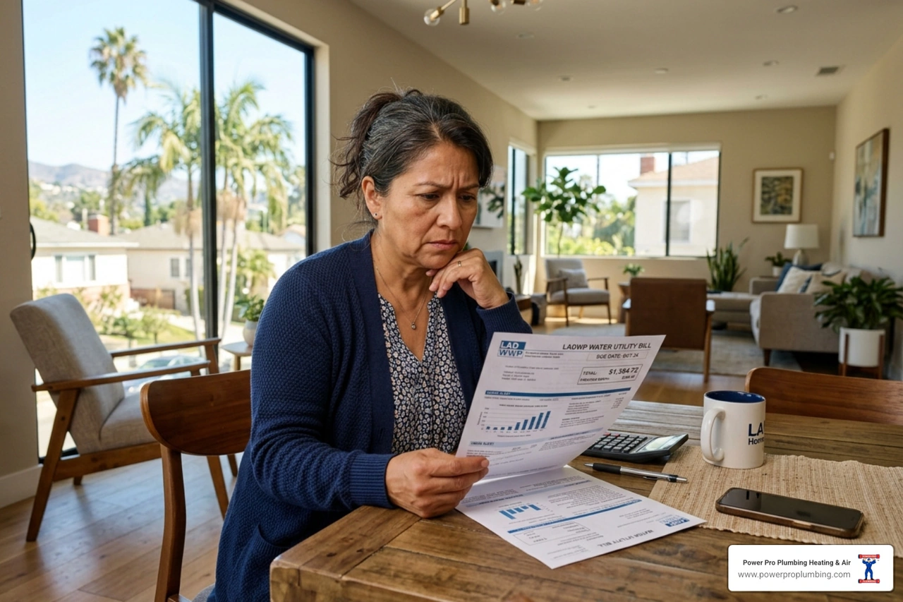 homeowner in Los Angeles reviewing a high utility bill with concern - signs you have a hidden plumbing problem homeowner in Los Angeles reviewing a high utility bill with concern - signs you have a hidden plumbing problem