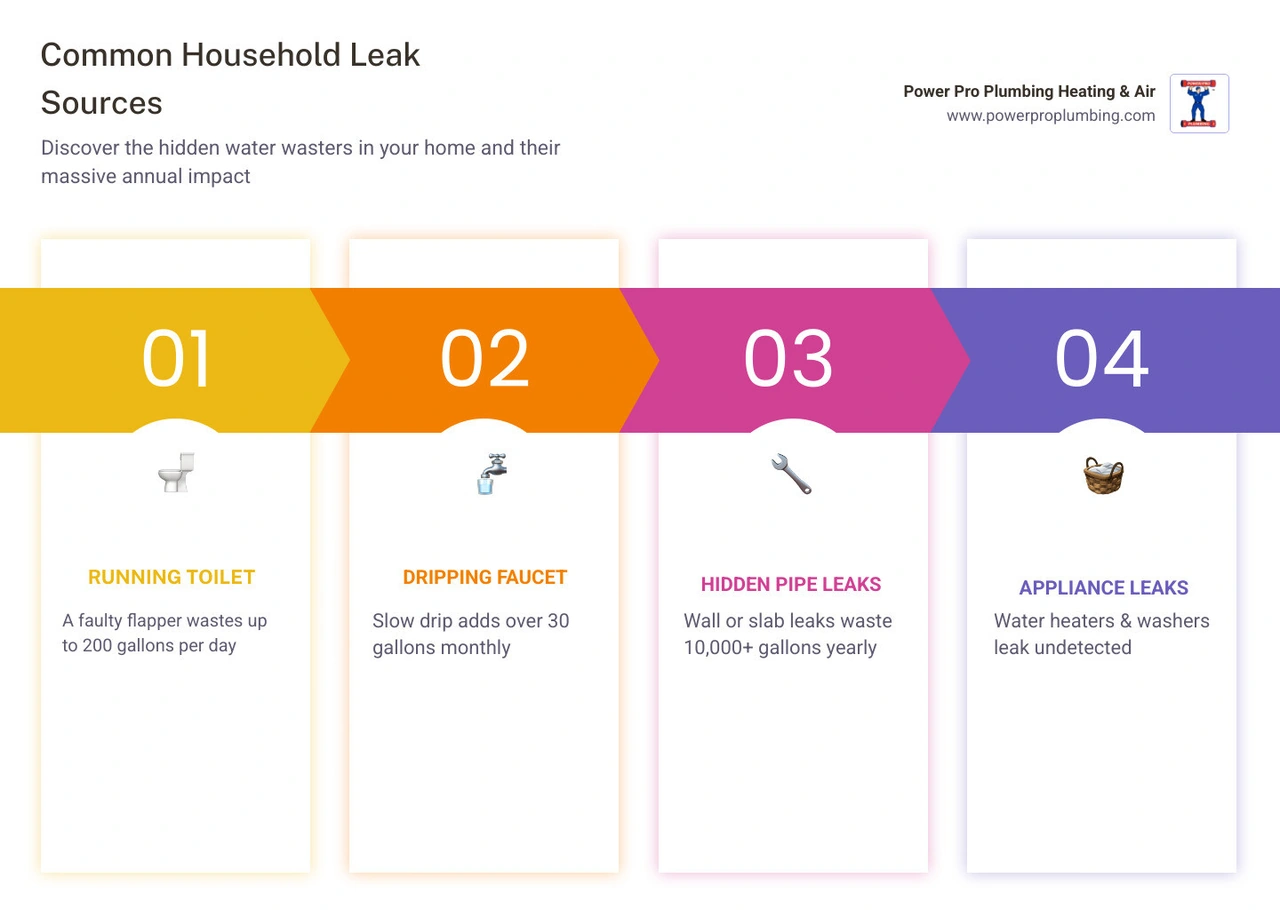 Infographic showing common household leak sources and their estimated water waste per year - unexplained high water bill Infographic showing common household leak sources and their estimated water waste per year - unexplained high water bill