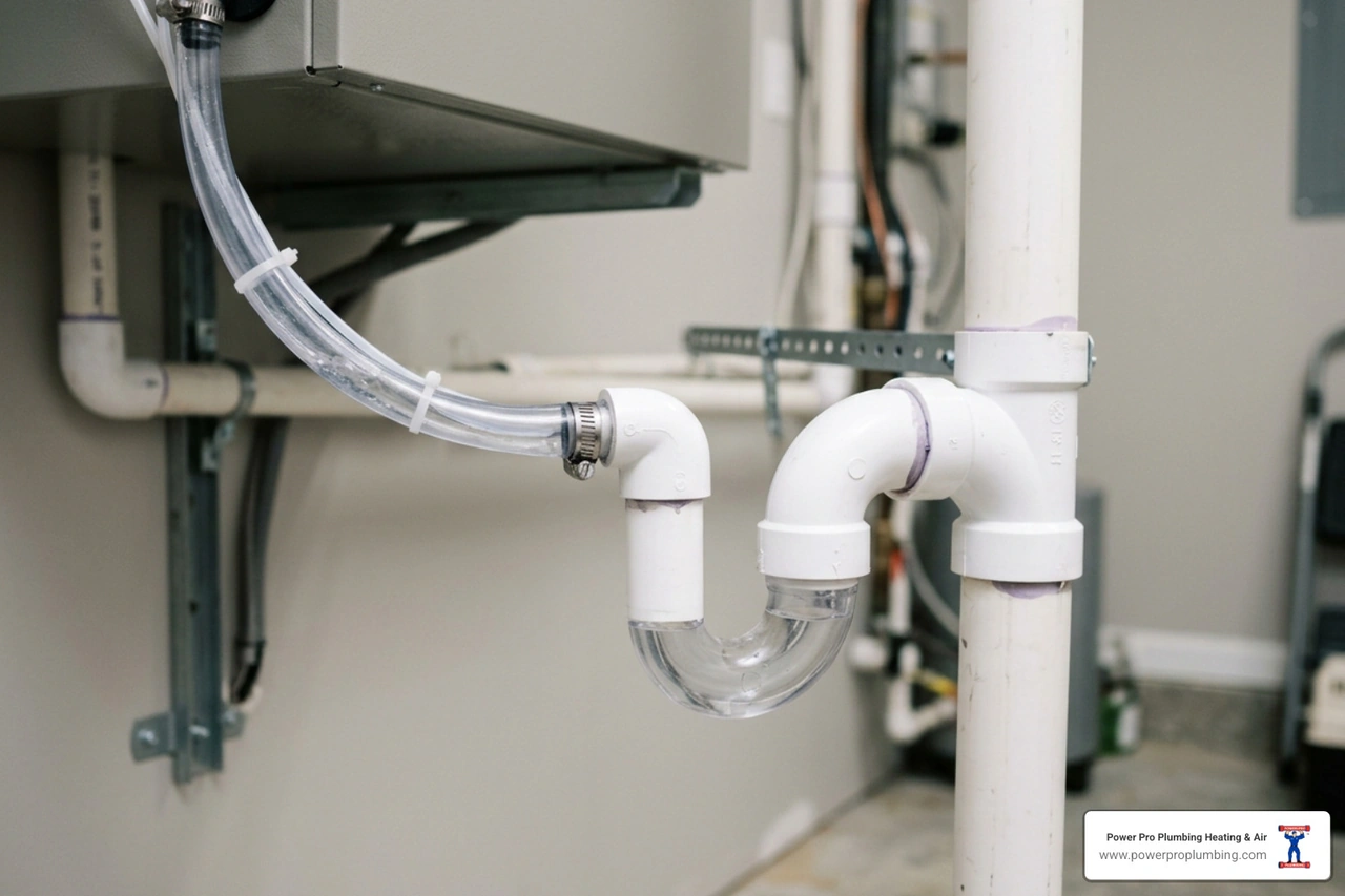 Close-up of an HVAC condensate line properly trapped and connected to a household drain - how a plumbing first company Close-up of an HVAC condensate line properly trapped and connected to a household drain - how a plumbing first company
