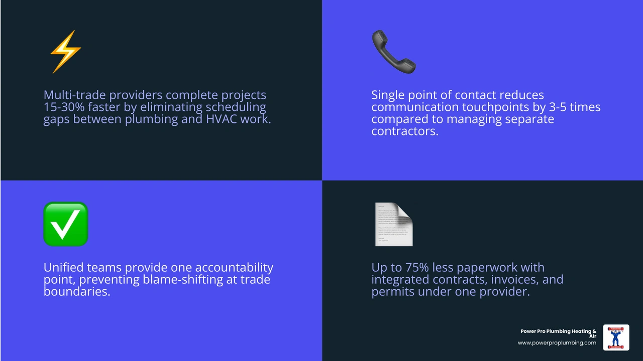Infographic comparing multi-trade plumbing provider vs separate contractors: speed, cost, accountability, communication