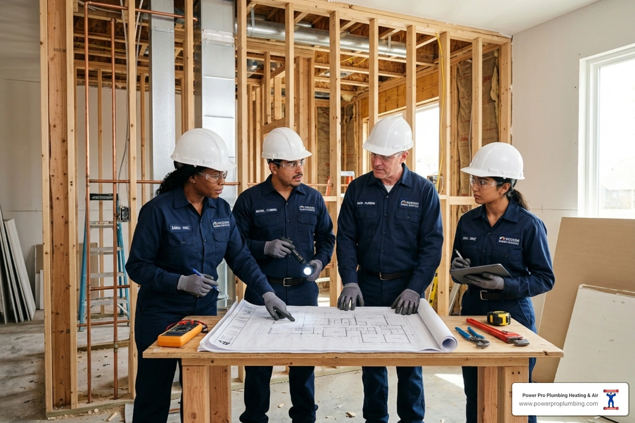 unified service team of plumbing and hvac technicians coordinating on-site at a residential remodel - plumbing focused multi