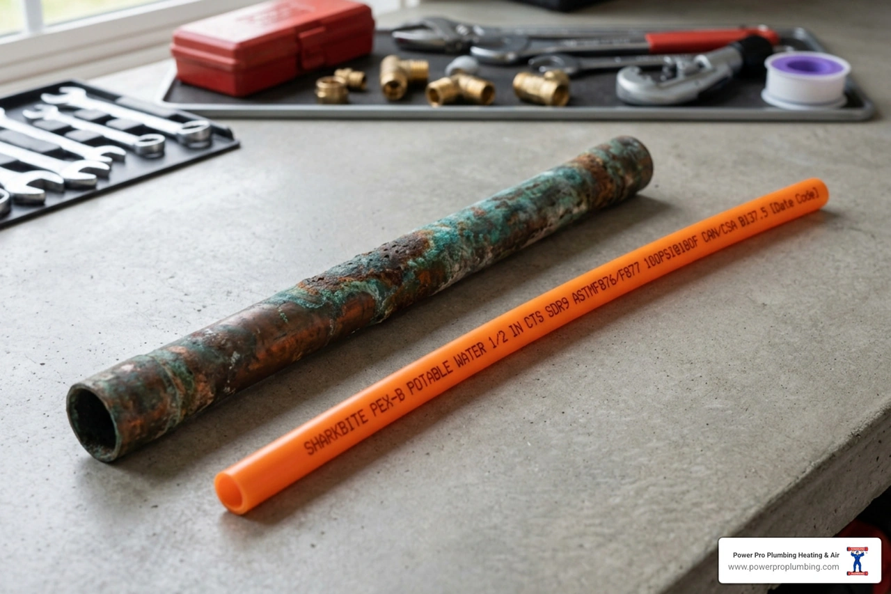 Corroded copper pipe showing green oxidation versus a clean flexible PEX pipe - copper vs pex repiping comparison