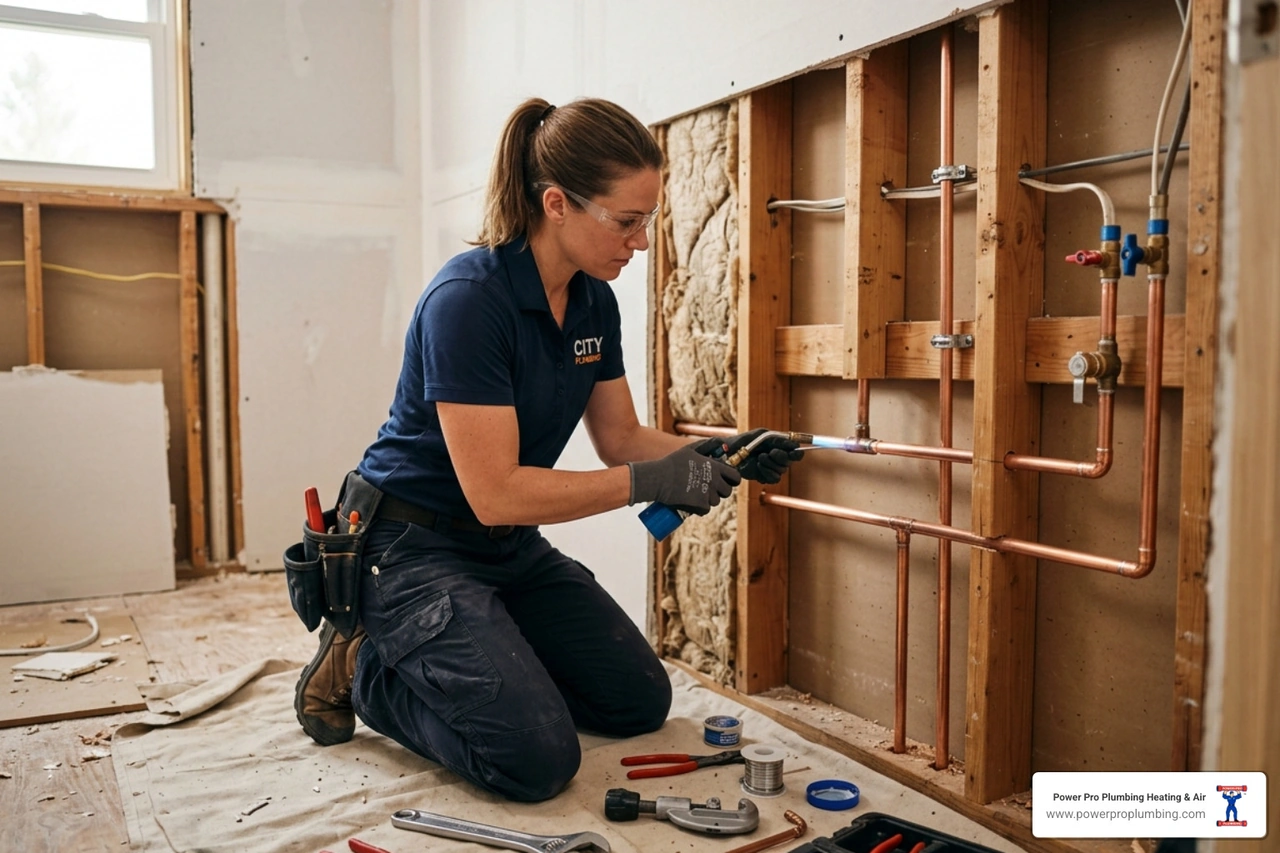 Technician installing new copper plumbing lines in a residential home renovation - copper repiping benefits for older homes Technician installing new copper plumbing lines in a residential home renovation - copper repiping benefits for older homes