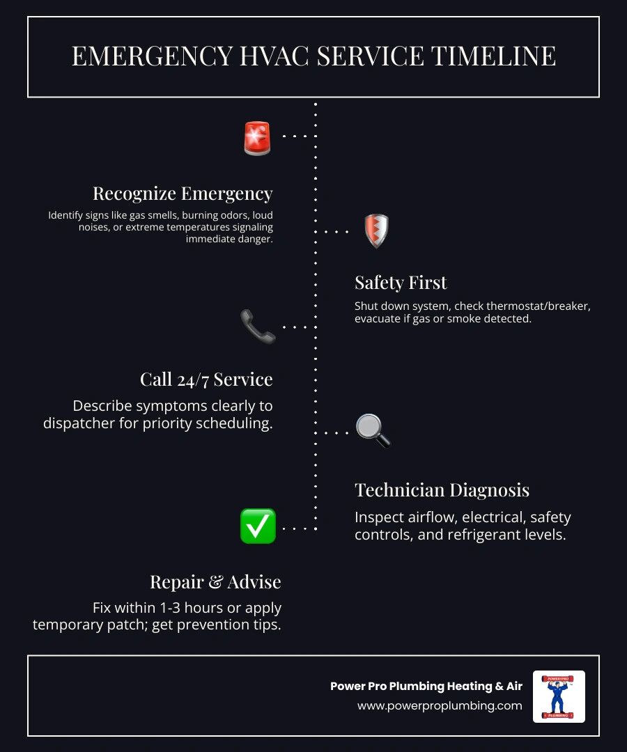 Timeline infographic showing the step-by-step process of an emergency HVAC service call from detection to repair - emergency Timeline infographic showing the step-by-step process of an emergency HVAC service call from detection to repair - emergency