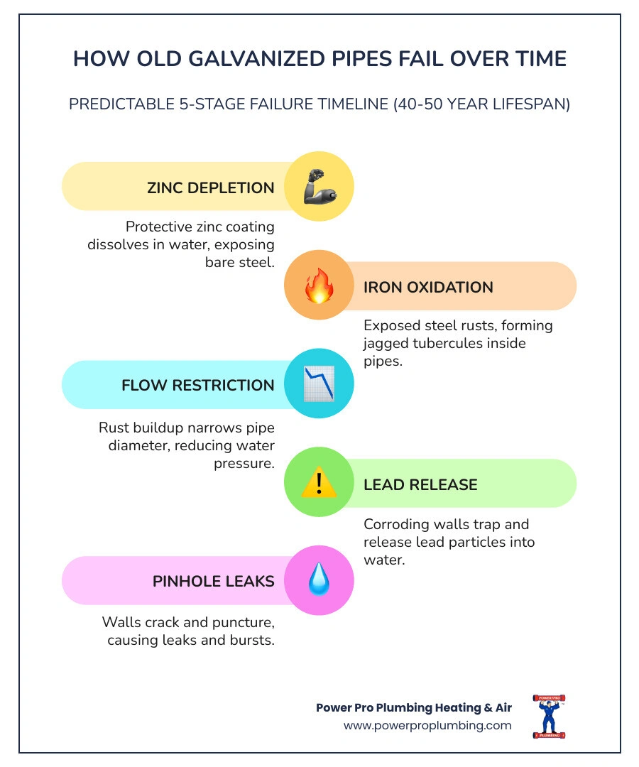 Timeline infographic showing galvanized pipe failure stages from installation in 1900s-1960s to end-of-life in 2026 - how Timeline infographic showing galvanized pipe failure stages from installation in 1900s-1960s to end-of-life in 2026 - how