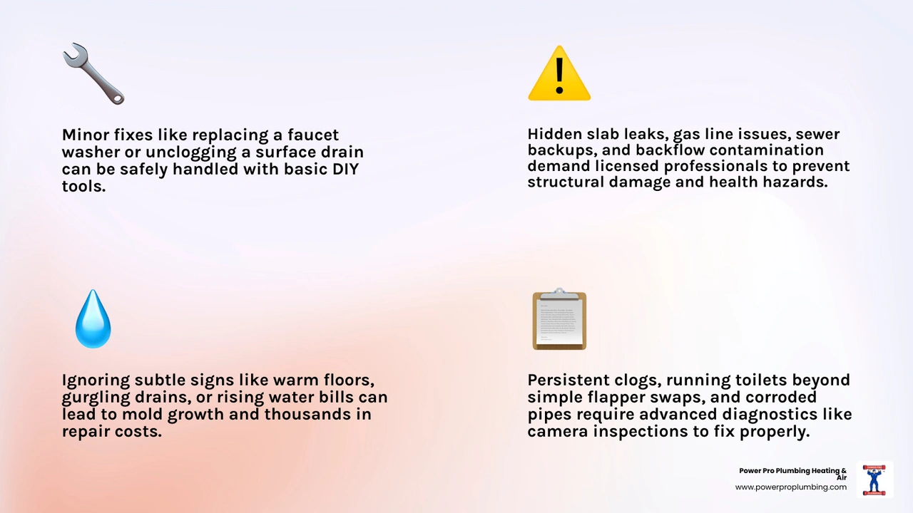 Infographic showing DIY-safe minor fixes versus plumbing issues requiring a licensed plumber infographic Infographic showing DIY-safe minor fixes versus plumbing issues requiring a licensed plumber infographic