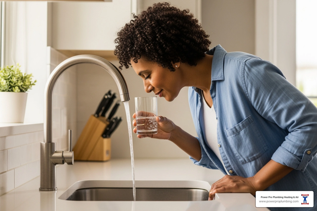person smelling tap water in kitchen