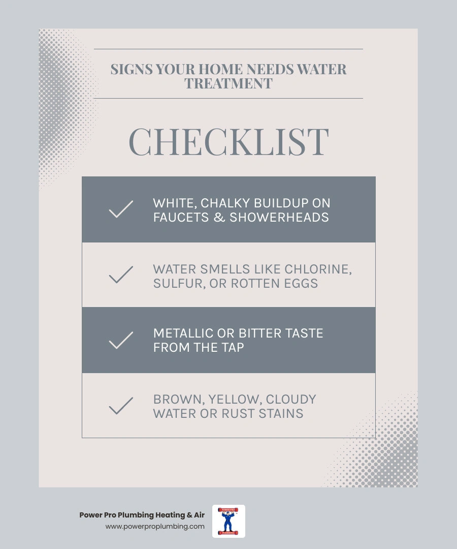 Infographic showing 10 common signs your home needs water treatment including scale buildup, discoloration, and dry skin
