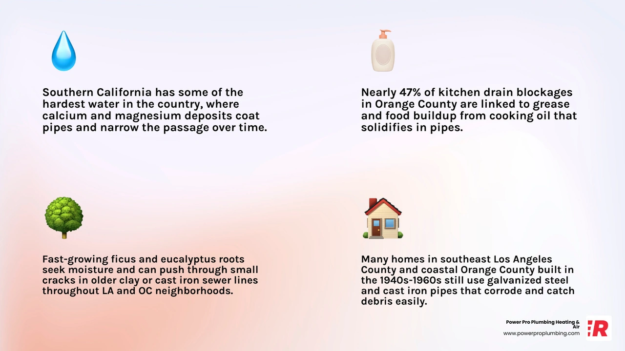 Infographic showing common causes of slow drains in LA and Orange County homes including hard water, grease, hair, tree Infographic showing common causes of slow drains in LA and Orange County homes including hard water, grease, hair, tree