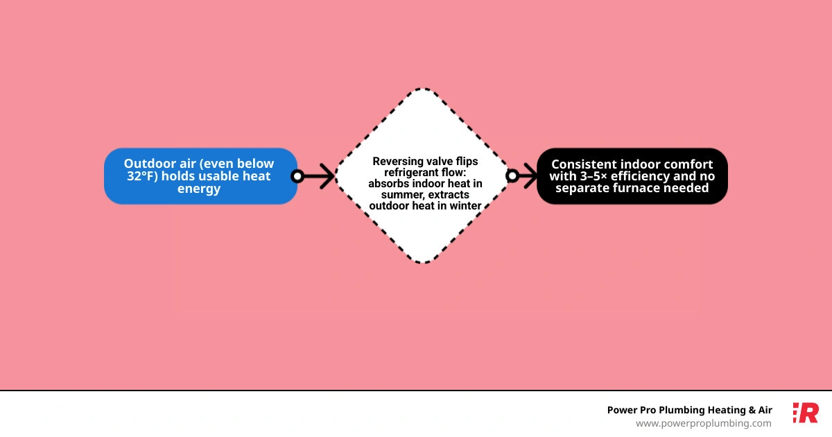 Infographic showing how a heat pump reverses refrigerant flow for cooling in summer and heating in winter in SoCal
